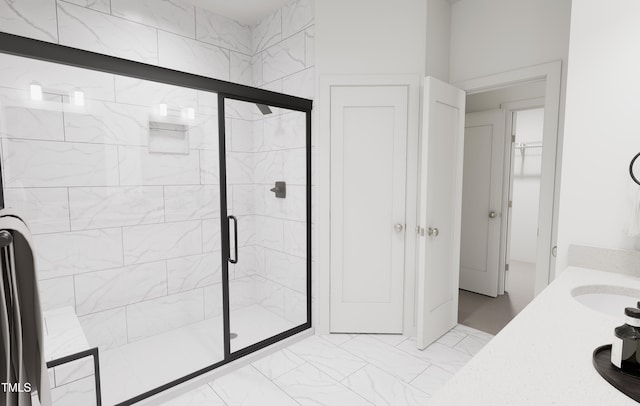 bathroom featuring vanity, a shower stall, and marble finish floor
