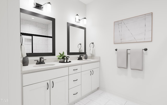 bathroom featuring double vanity, a sink, marble finish floor, and baseboards