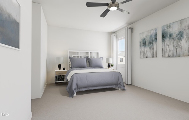 bedroom featuring carpet floors, a ceiling fan, and baseboards