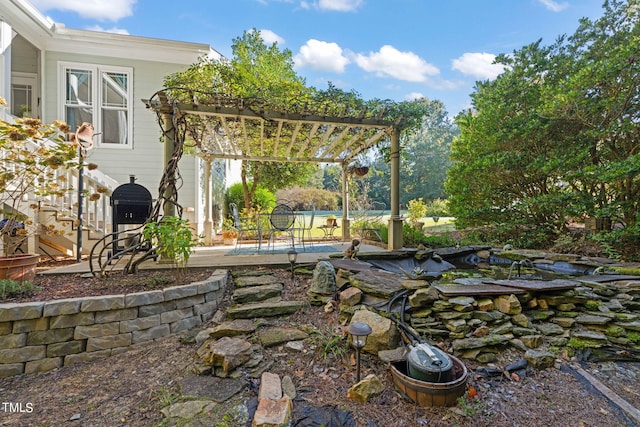 view of yard featuring a patio, a pool, and a pergola