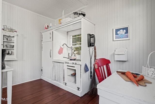 interior space featuring dark wood-type flooring, crown molding, and wooden walls