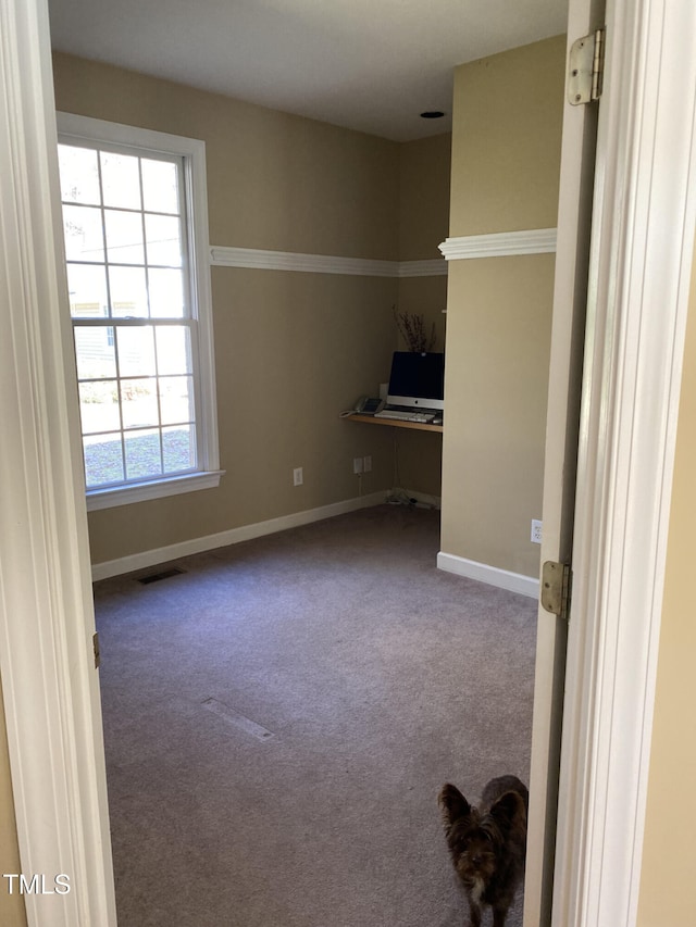 interior space featuring built in desk and carpet flooring