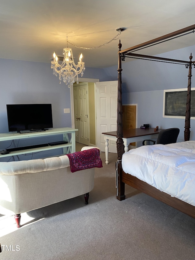 bedroom with a notable chandelier, lofted ceiling, and carpet floors