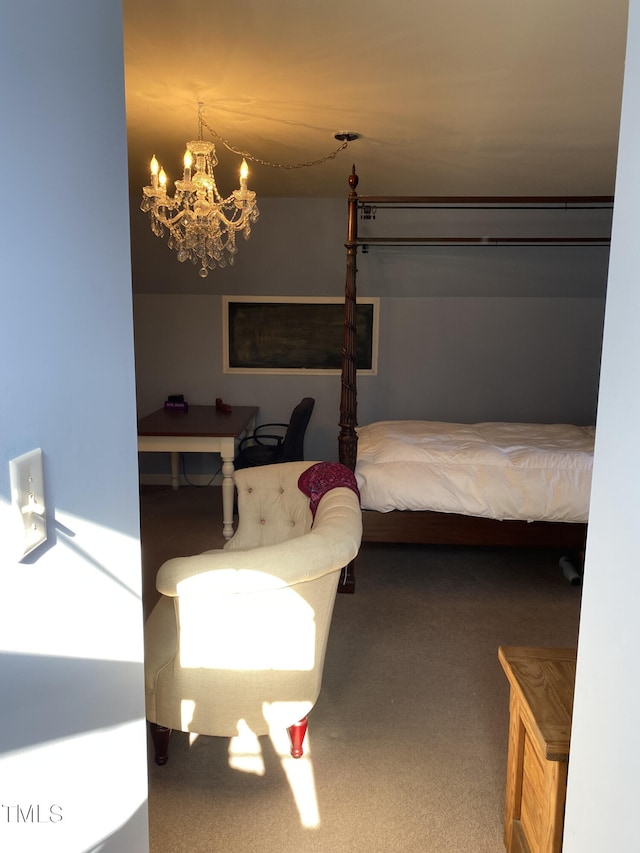 carpeted bedroom with a notable chandelier