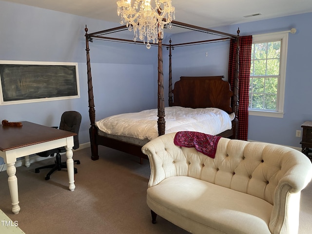 carpeted bedroom with a chandelier