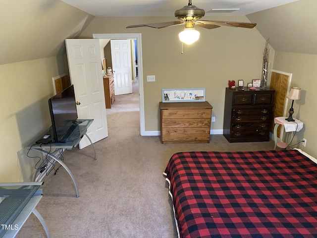 bedroom with lofted ceiling, carpet, and ceiling fan