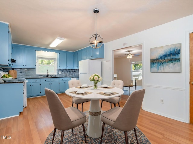 dining space with sink, light hardwood / wood-style floors, and ceiling fan