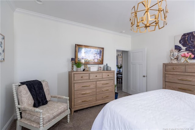 bedroom with crown molding, a chandelier, and dark carpet