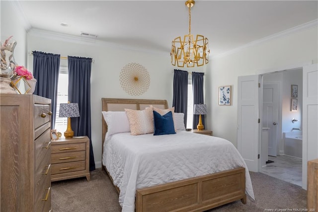 bedroom featuring connected bathroom, dark carpet, and crown molding