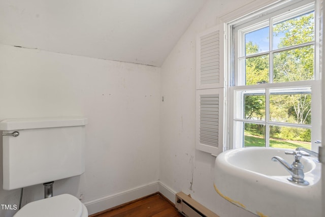 bathroom with toilet, vaulted ceiling, and hardwood / wood-style floors