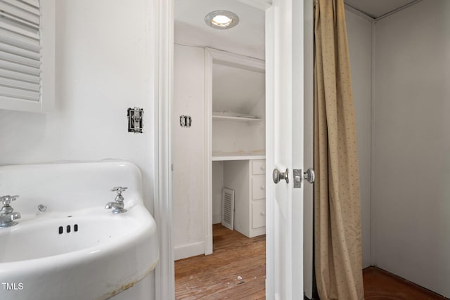 bathroom with hardwood / wood-style flooring and sink