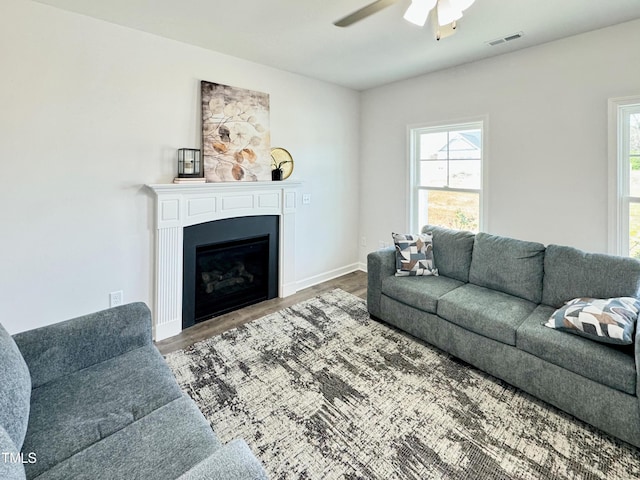 living room featuring a wealth of natural light, a ceiling fan, and wood finished floors