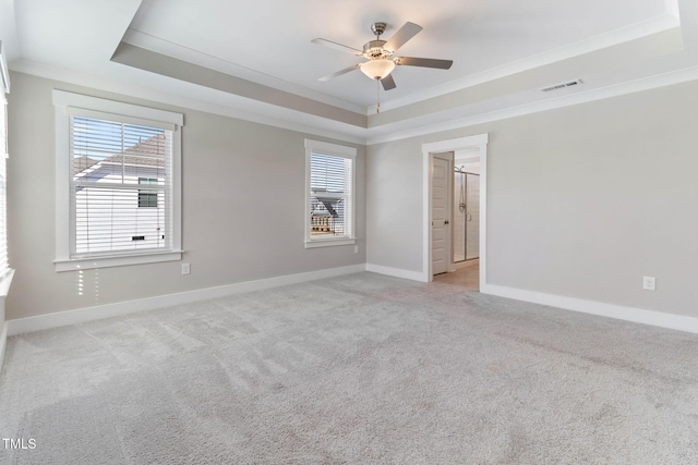 empty room with plenty of natural light, crown molding, a raised ceiling, and light colored carpet