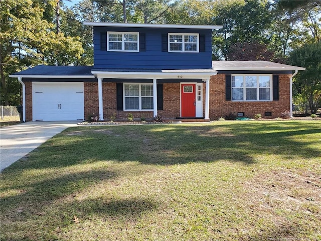 front facade featuring a front lawn and a garage