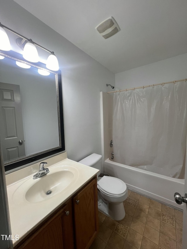 full bathroom featuring vanity, toilet, and shower / bathtub combination with curtain