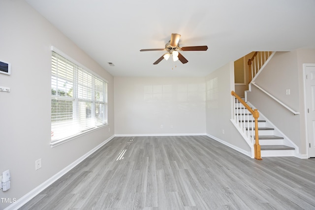 unfurnished living room with light hardwood / wood-style floors and ceiling fan