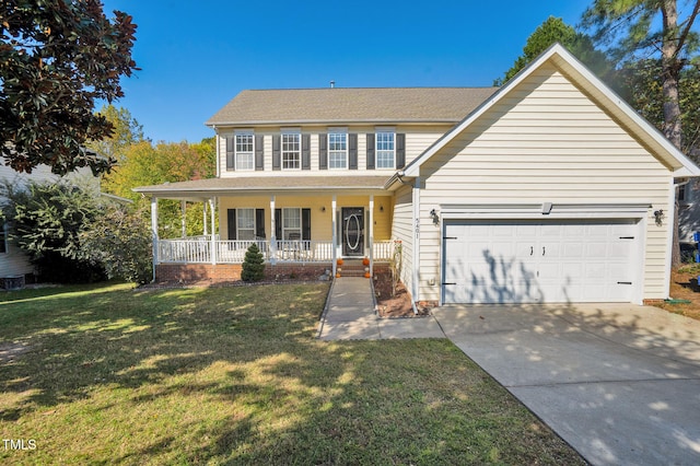 view of front facade featuring a porch, a front lawn, and a garage