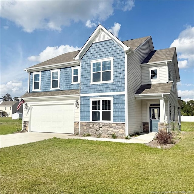 145 Cahill, Home, Raeford, NC 28376 - craftsman-style home featuring driveway, a garage, a front yard, and stone siding