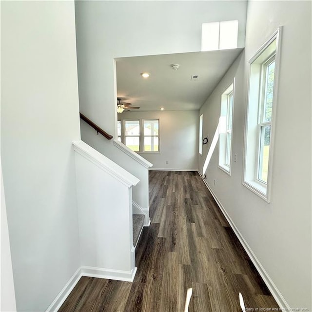145 Cahill, Home, Raeford, NC 28376 - staircase featuring wood finished floors, baseboards, a ceiling fan, and recessed lighting