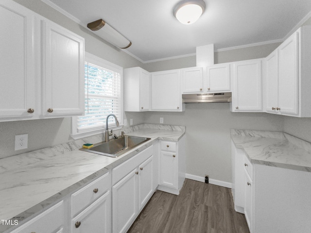 kitchen featuring dark wood-type flooring, crown molding, and white cabinets