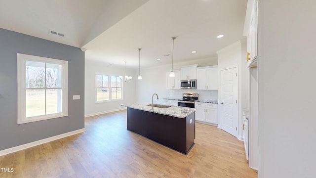 kitchen with a sink, decorative backsplash, visible vents, white cabinets, and appliances with stainless steel finishes