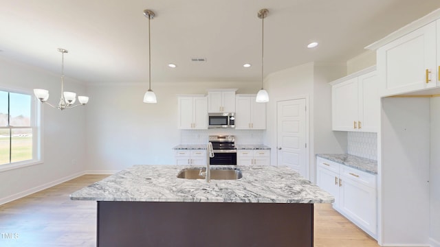 kitchen featuring stainless steel appliances, decorative backsplash, white cabinets, and a sink