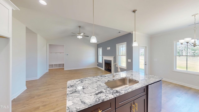 kitchen featuring a fireplace, dishwashing machine, light wood-style floors, and a sink