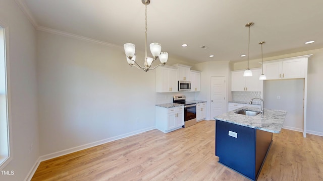 kitchen with stainless steel appliances, white cabinets, backsplash, a sink, and crown molding