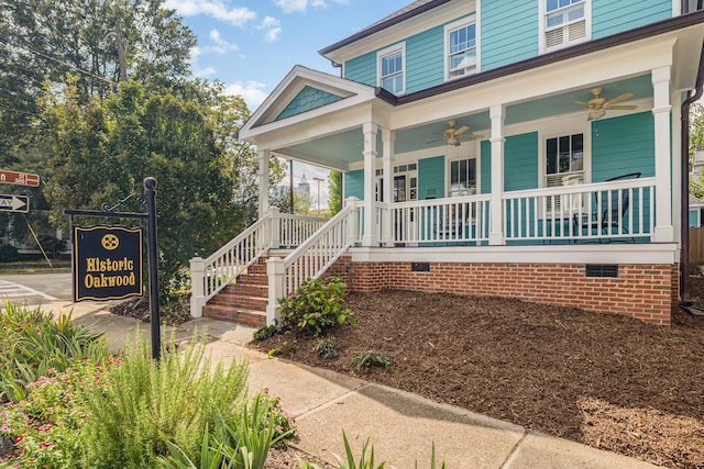 view of front of house featuring covered porch and ceiling fan