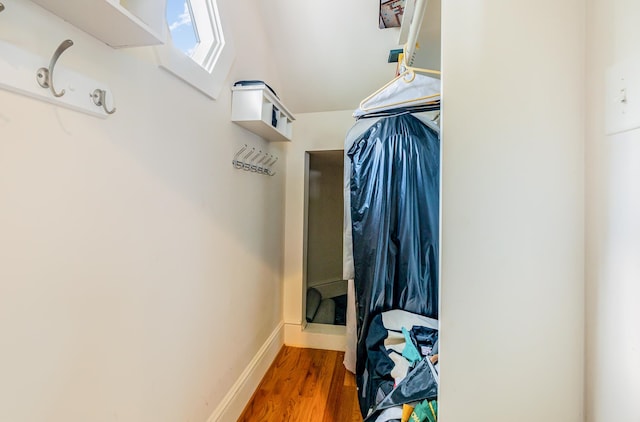 spacious closet with dark hardwood / wood-style flooring