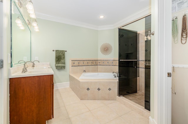 bathroom with vanity, ornamental molding, tile patterned flooring, and plus walk in shower