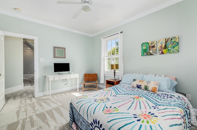 bedroom featuring light carpet, ornamental molding, and ceiling fan