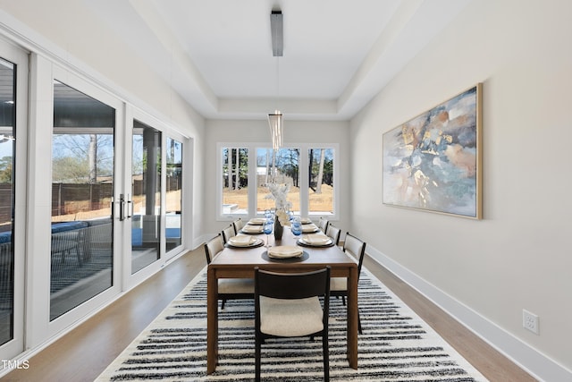 dining space with baseboards, a raised ceiling, and dark wood-style flooring