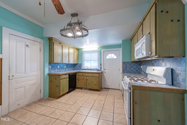 kitchen with tasteful backsplash, light tile patterned flooring, ceiling fan, and white appliances