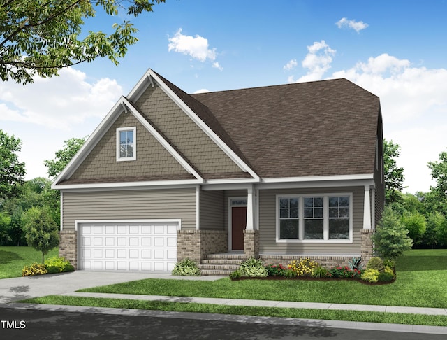 view of front of house with a garage, concrete driveway, a shingled roof, and a front yard