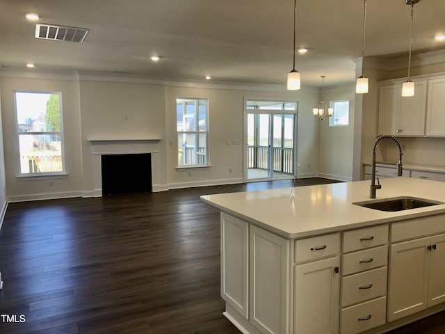 kitchen with ornamental molding, a sink, and visible vents