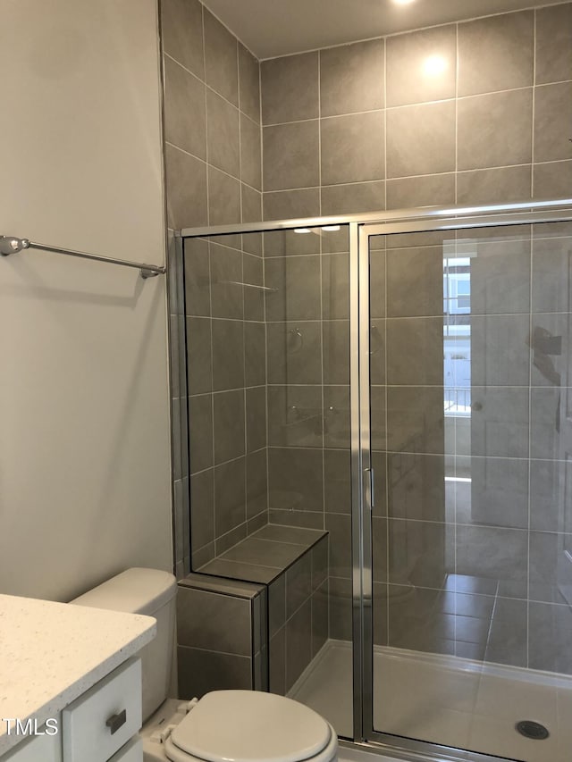 full bathroom featuring a stall shower, vanity, and toilet