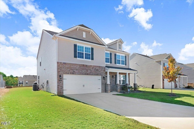 view of front facade with a garage, a front lawn, and central air condition unit