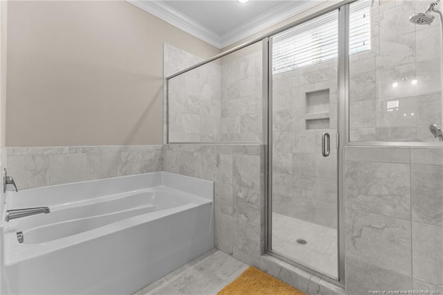 full bath with crown molding, a bath, and a shower stall
