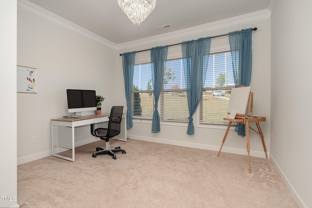 carpeted office space with crown molding and a notable chandelier