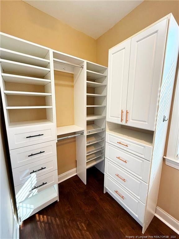 walk in closet with dark hardwood / wood-style flooring