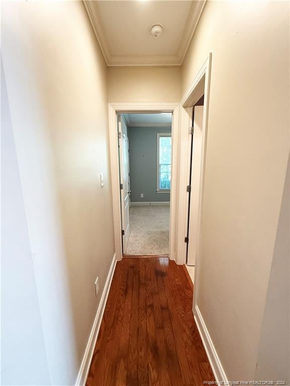 hall featuring ornamental molding and hardwood / wood-style flooring