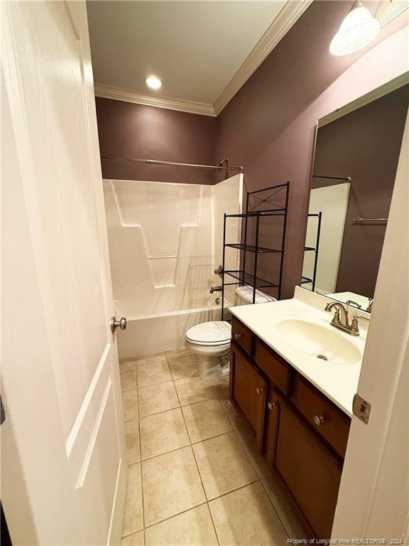 full bathroom featuring vanity,  shower combination, crown molding, tile patterned flooring, and toilet