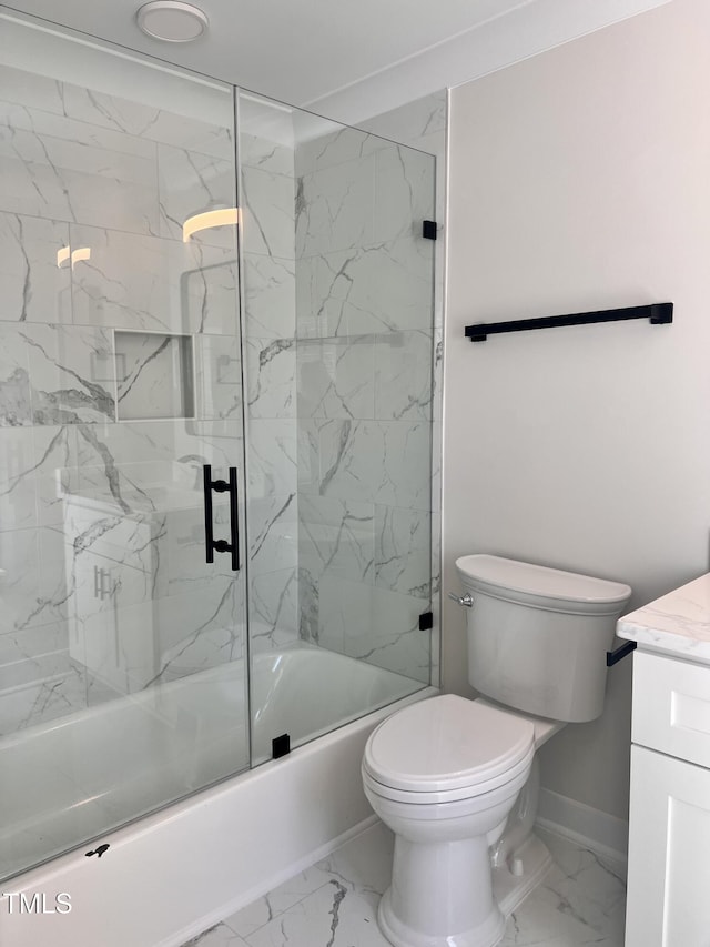 full bath featuring vanity, bath / shower combo with glass door, marble finish floor, and toilet
