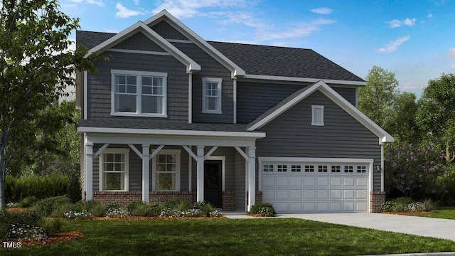 craftsman-style house with a porch, a front lawn, and a garage