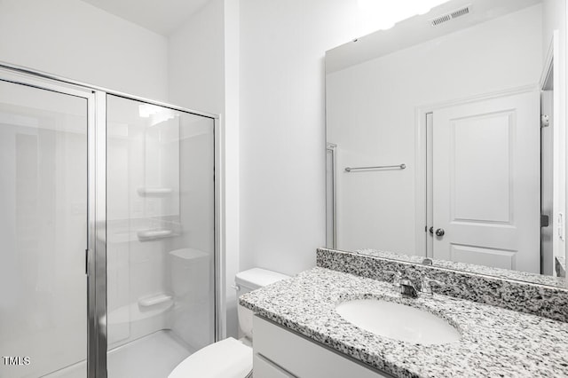 full bath featuring toilet, vanity, visible vents, and a stall shower