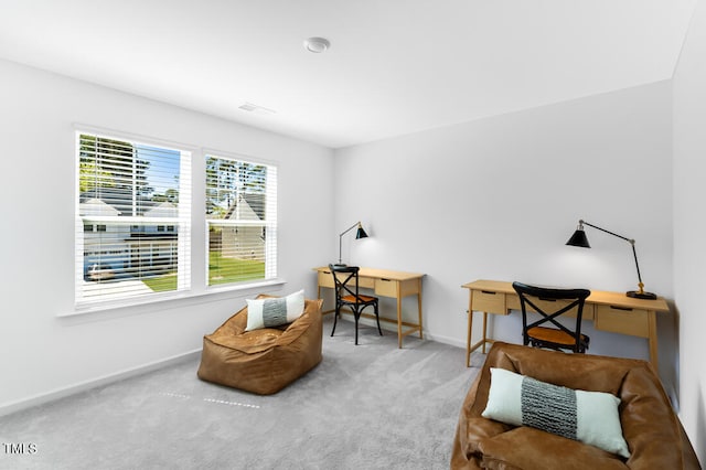 living area with baseboards and carpet flooring