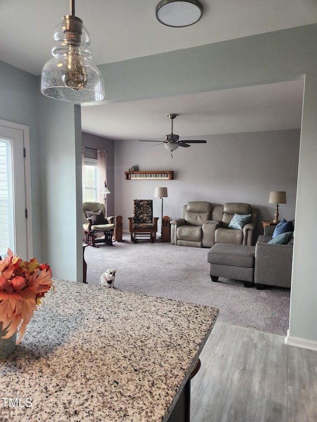 living room featuring ceiling fan and light hardwood / wood-style floors