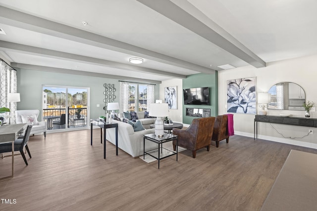 living room with beamed ceiling and wood-type flooring