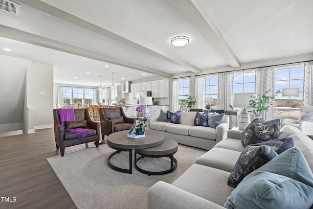 living room with beam ceiling, a healthy amount of sunlight, and wood-type flooring